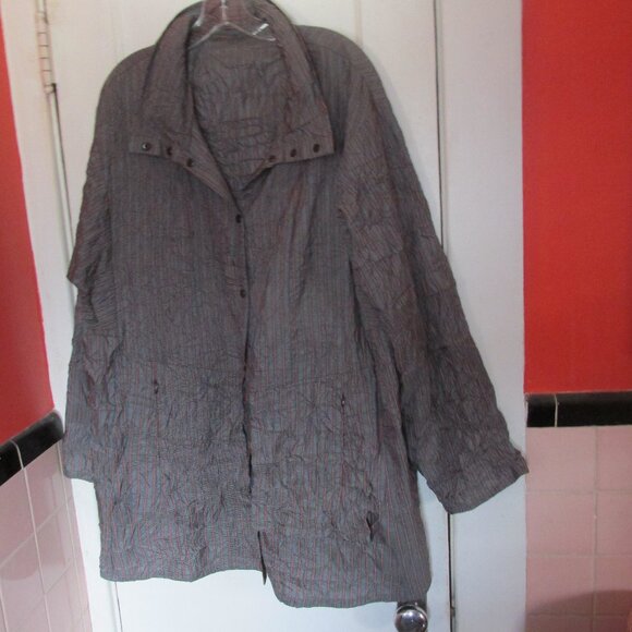 Babette SF Snap Shirt Jacket Crinkle Grey Stripe Unique Pockets Padded Collar - Picture 1 of 13